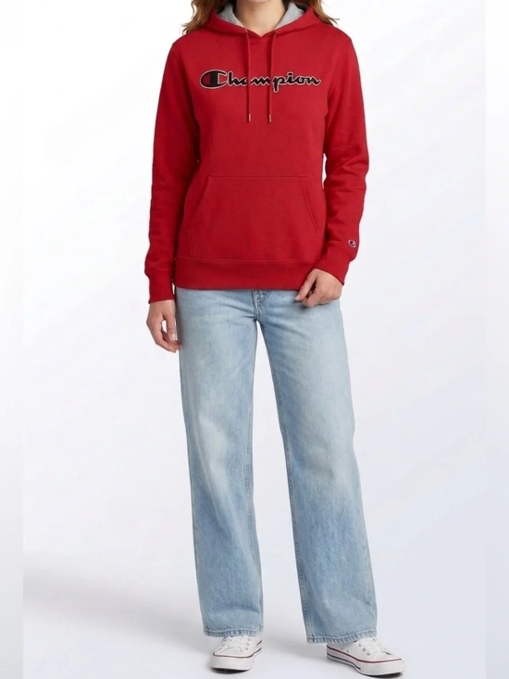 Champion Red Logo Hoodie Sweatshirt Size Large Cotton - Picture 1 of 13